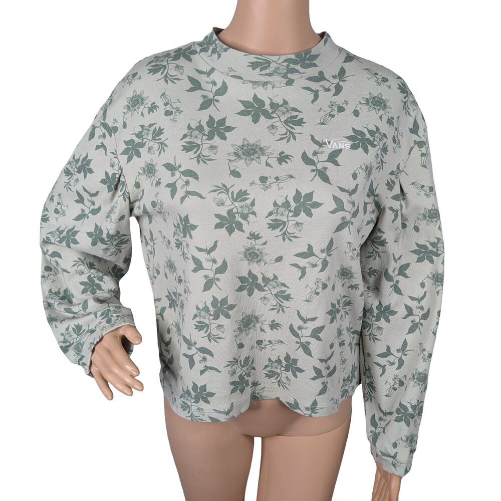 Vans Sage Green Passionflower Mock Neck Top XS Botanical Puff Sleeve Knit EUC